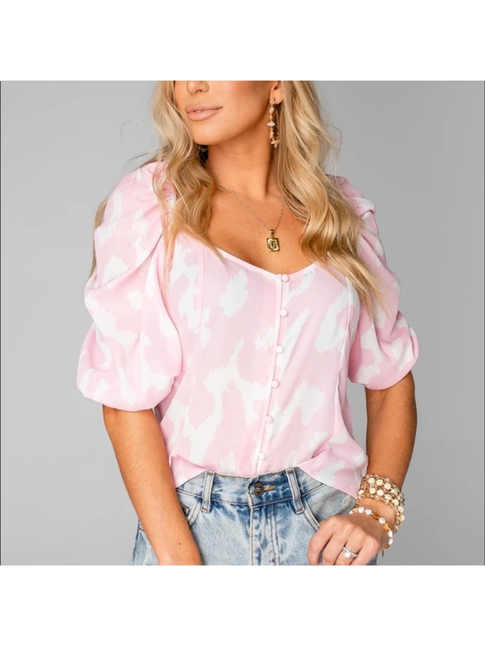 Buddy Love Pink and White Puff Sleeve Button Front Blouse